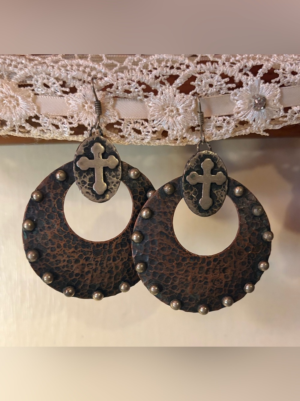 Authentic Gypsy Soule Hammered Copper Cross Hoop Earrings | Vintage Western Boho